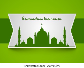 Stylish grey tag with mosque design on abstract green background for the holy month of Muslim community Ramadan Kareem. 