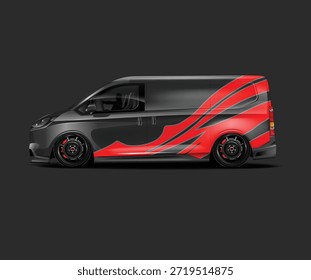 A stylish grey van features bold red and black racing stripes along its side profile.