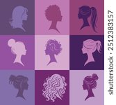  A stylish grid of diverse women’s silhouettes, showcasing various hairstyles and profiles. Perfect for design themes of beauty, diversity, and elegance.