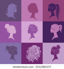  A stylish grid of diverse women’s silhouettes, showcasing various hairstyles and profiles. Perfect for design themes of beauty, diversity, and elegance.