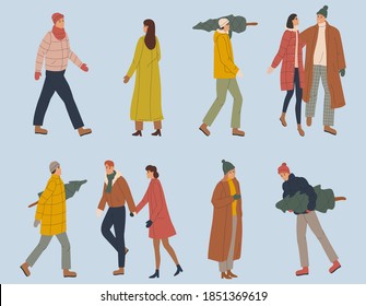 Stylish group of isolated people. Collection of people in winter clothes. Man and woman in warm clothes, hats and jackets, scarves and sweaters. Vector illustration
