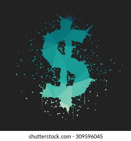 Stylish grunge dollar sign shaped ink splatter isolated on dark background