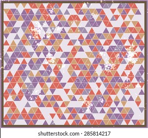 Stylish grungy texture with retro palette. Vintage abstract background with geometrical colorful pattern. Colored triangles