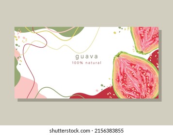 Stylish guava on an abstract background. Ripe exotic fruit with seeds. Background, sticker, logo, emblem, print, advertising material. Vector illustration.