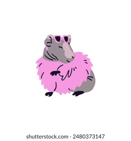 Stylish guinea pig wearing fur coat. Happy cavy with sunglasses in fashion clothes. Cute domestic rodent, pet is in trendy outfit. Hand drawn flat isolated vector illustration on white background