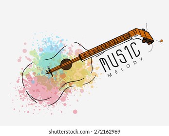 Stylish guitar with colorful splash for Music concept on white background.