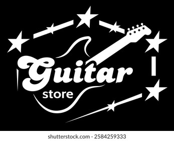 A stylish guitar store logo with stars and a classic font design that captures the essence of music and creativity.