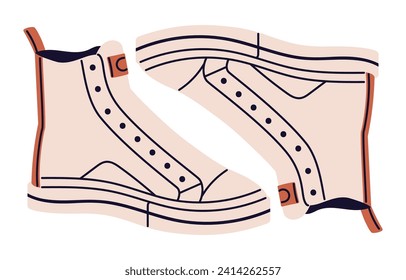 Stylish gumshoes side view. High top sneakers with rubber toe. Hipster sport shoes pair in urban style. Training footwear, walking trainers. Street fashion. Flat isolated vector illustration on white