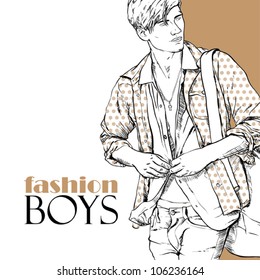 Stylish guy with bag  on a grunge background. Vector illustration.