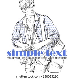 Stylish guy with bag  on a grunge background. Vector illustration.