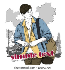Stylish guy with bag  on a street-background. Vector illustration.