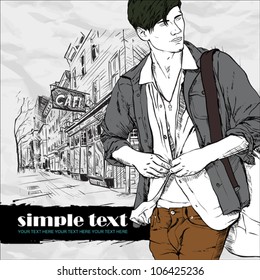 Stylish guy with bag  on a street-cafe background. Vector illustration.