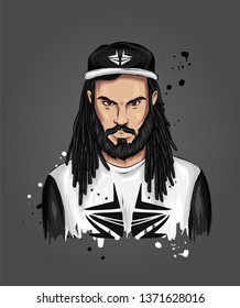 Stylish guy in a cap and with dreadlocks. Vector illustration for greeting card or poster, print on clothes. Hip-hop, rap music.