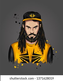 Stylish guy in a cap and with dreadlocks. Vector illustration for greeting card or poster, print on clothes. Hip-hop, rap music.