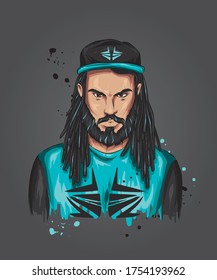 Stylish guy in a cap and with dreadlocks. Vector illustration for greeting card or poster, print on clothes. Hip-hop, rap music.