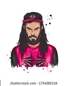 Stylish guy in a cap and with dreadlocks. Vector illustration for greeting card or poster, print on clothes. Hip-hop, rap music.