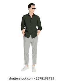 Stylish guy in fashionable and modern clothes on a white background. Vector illustration in flat style