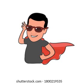 Stylish guy in glasses with a red raincoat. The man in sunglasses. Isolated over white background. Vector.