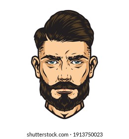 Stylish guy head with beard mustache and trendy hairstyle on white background isolated vector illustration