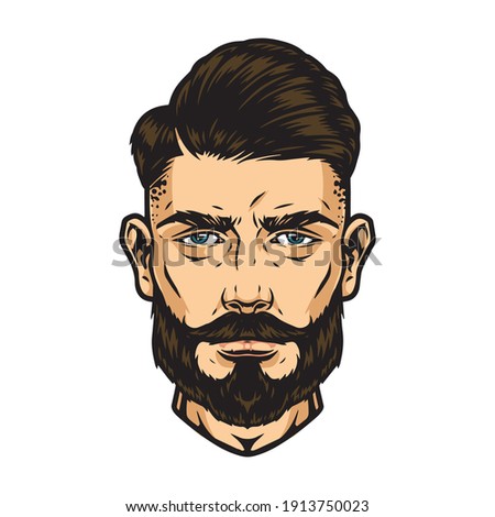 Stylish guy head with beard mustache and trendy hairstyle on white background isolated vector illustration
