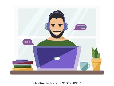 Stylish guy in headphones with a smile works remotely from home with a laptop during quarantine due to coronavirus. Getting an education online. Communication  via the Internet. Vector.