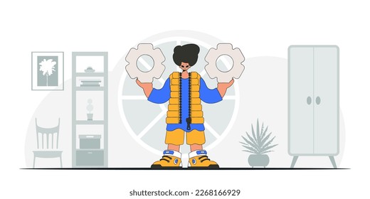 Stylish guy holding gears. Idea concept. trendy character.