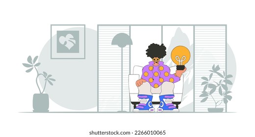 Stylish guy holding a light bulb. Idea concept. trendy character.