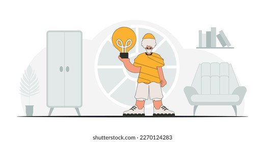 Un tipo elegante sostiene una bombilla. Ilustración sobre el tema de la aparición de una idea.