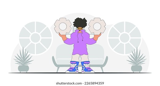 Stylish guy holds gears in his hands. Illustration on the theme of the appearance of an idea.