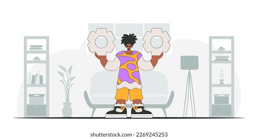Stylish guy holds gears in his hands. Idea theme. Retro trendy style.
