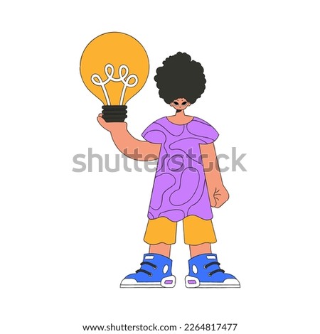 Stylish guy holds a light bulb in his hands. Idea theme.