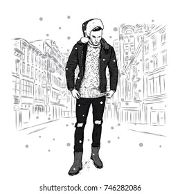 A stylish guy in a jacket, jeans and a Christmas hat. Vector illustration. New Year's and Christmas. Santa Claus.