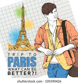 Stylish guy on a eiffel tower background. Vector illustration