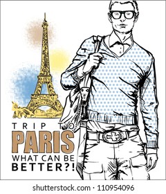 Stylish guy on a eiffel tower background. Vector illustration