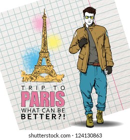 Stylish guy on a eiffel tower background. Vector illustration