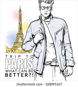 Stylish guy on a eiffel tower background. Vector illustration