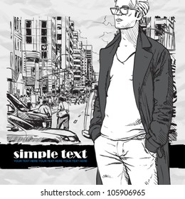 Stylish guy on a street background.  Place for your text. Vector illustration