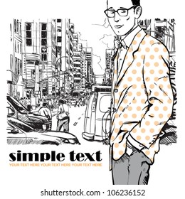 Stylish guy on a street background.  Place for your text. Vector illustration