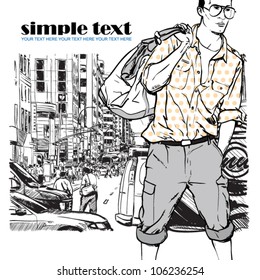 Stylish guy on a street background.  Place for your text. Vector illustration