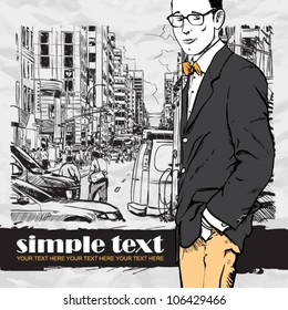 Stylish guy on a street background.  Place for your text. Vector illustration