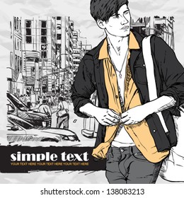 Stylish guy on a street background.  Place for your text. Vector illustration