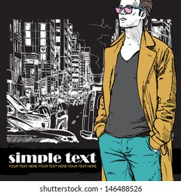 Stylish guy on a street background.  Place for your text. Vector illustration