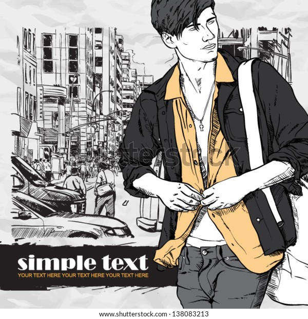 Stylish guy on a street background.  Place\
for your text. Vector\
illustration