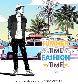 Stylish guy on the summer beach walkway. Vector card. Sketch style.