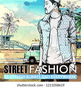 Stylish guy on the summer beach walkway. Vector card. Sketch style.