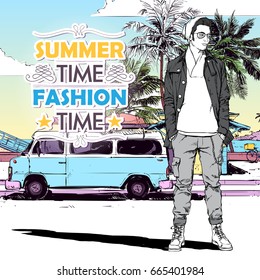 Stylish guy on the summer beach walkway. Vector card. Sketch style.