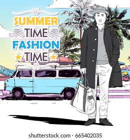 Stylish guy on the summer beach walkway. Vector card. Sketch style.
