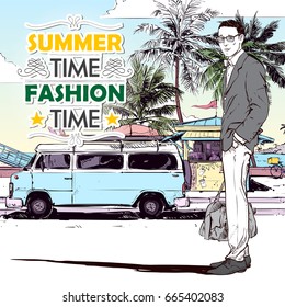 Stylish guy on the summer beach walkway. Vector card. Sketch style.
