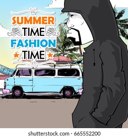 Stylish guy on the summer beach walkway. Vector card. Sketch style.