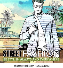 Stylish guy on the summer beach walkway. Vector card. Sketch style.